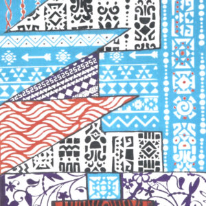 Abstract geometric painting titled 'Accumulative Touch' from the Hue & Heritage Collection, featuring intricate tribal patterns and vibrant blue, black, and red color schemes.