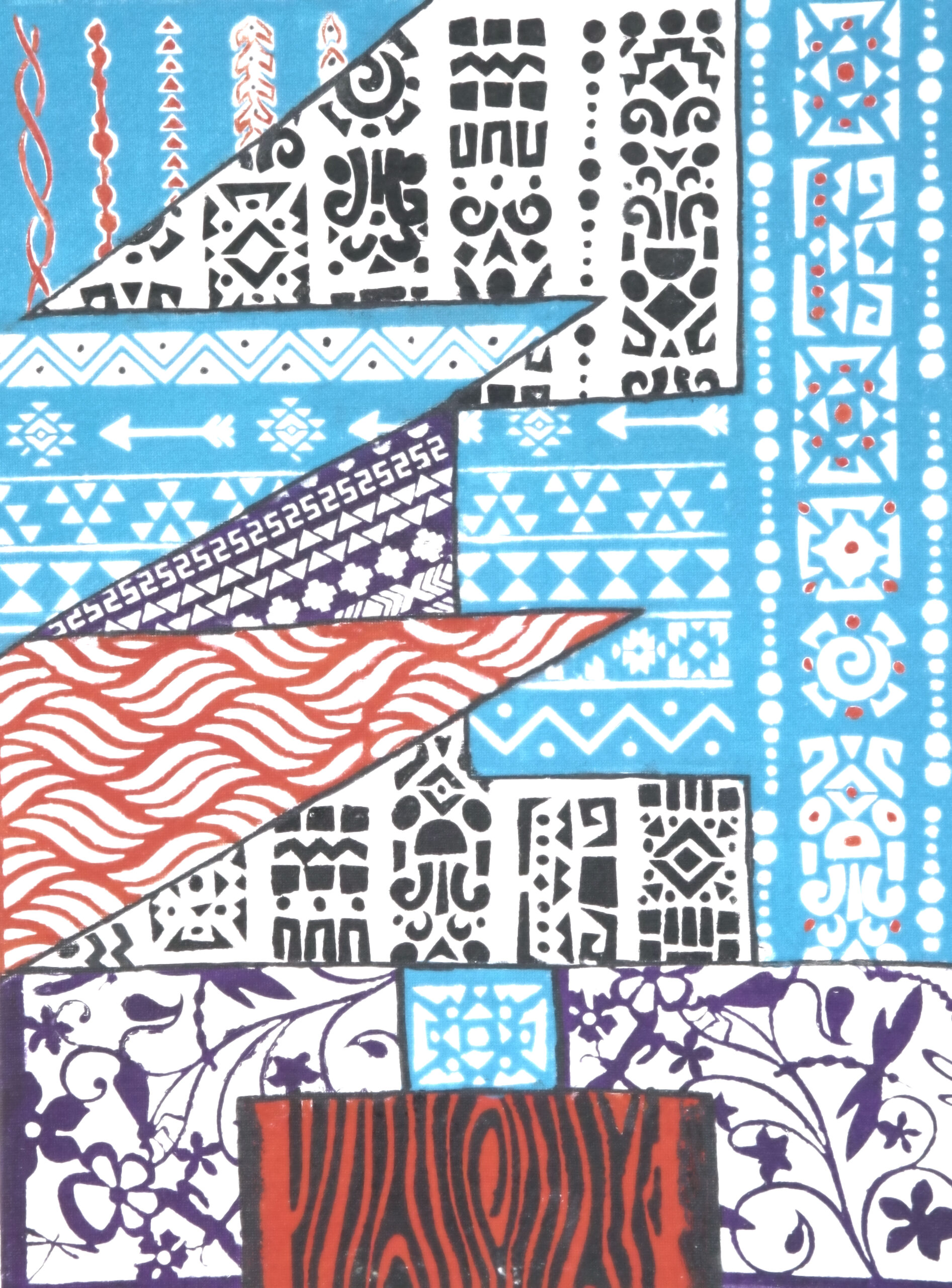 Abstract geometric painting titled 'Accumulative Touch' from the Hue & Heritage Collection, featuring intricate tribal patterns and vibrant blue, black, and red color schemes.