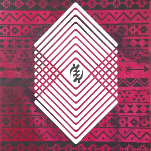 Abstract artwork 'Centered Focused' from the Hue & Heritage Collection, featuring concentric geometric designs layered over deep red tribal motifs.