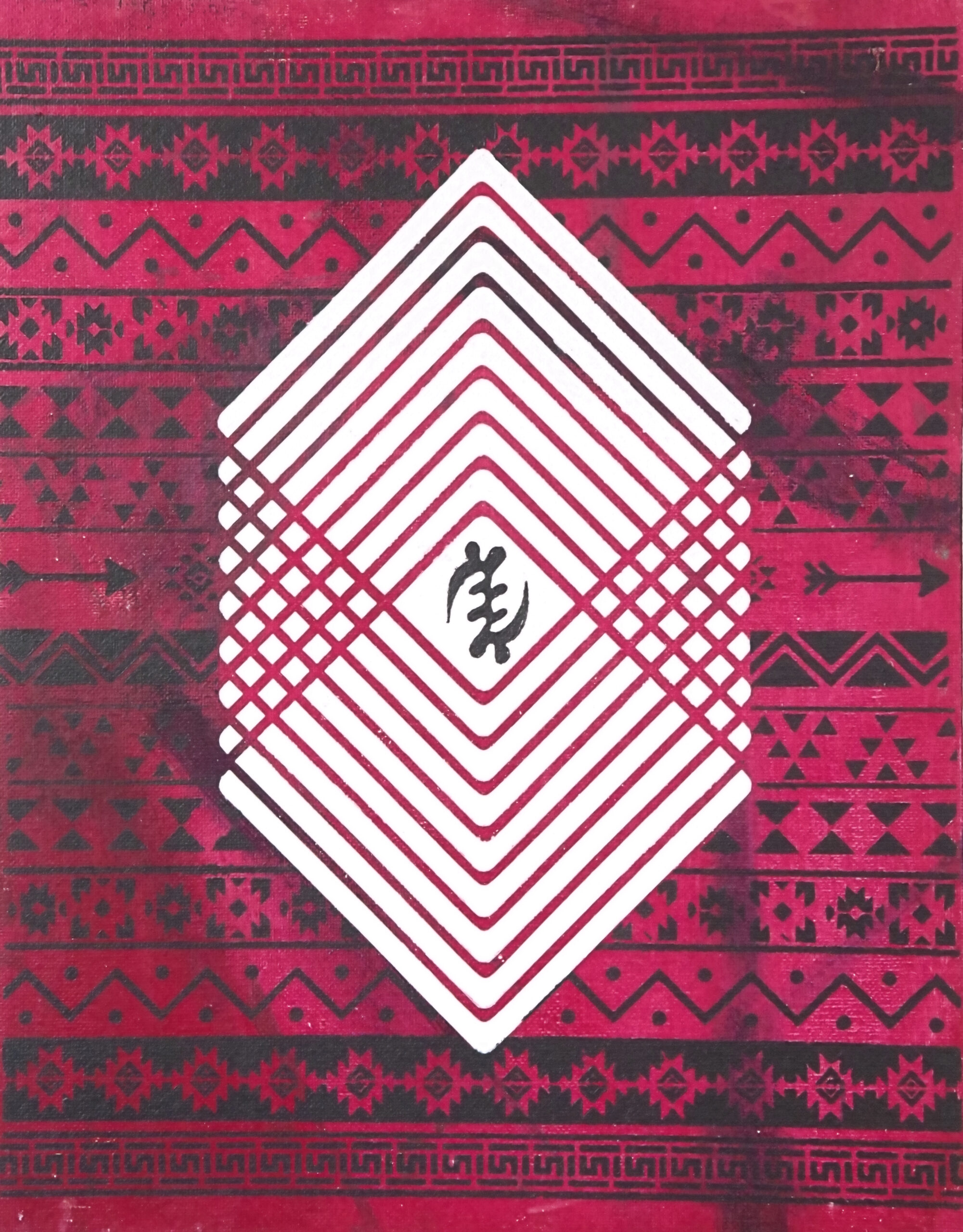 Abstract artwork 'Centered Focused' from the Hue & Heritage Collection, featuring concentric geometric designs layered over deep red tribal motifs.