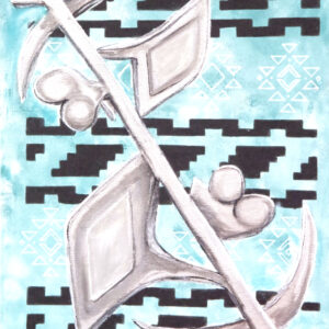 'Click Clang' from the Hue & Heritage Collection – a bold mixed-media piece featuring metallic silver tools over a tribal-inspired background.