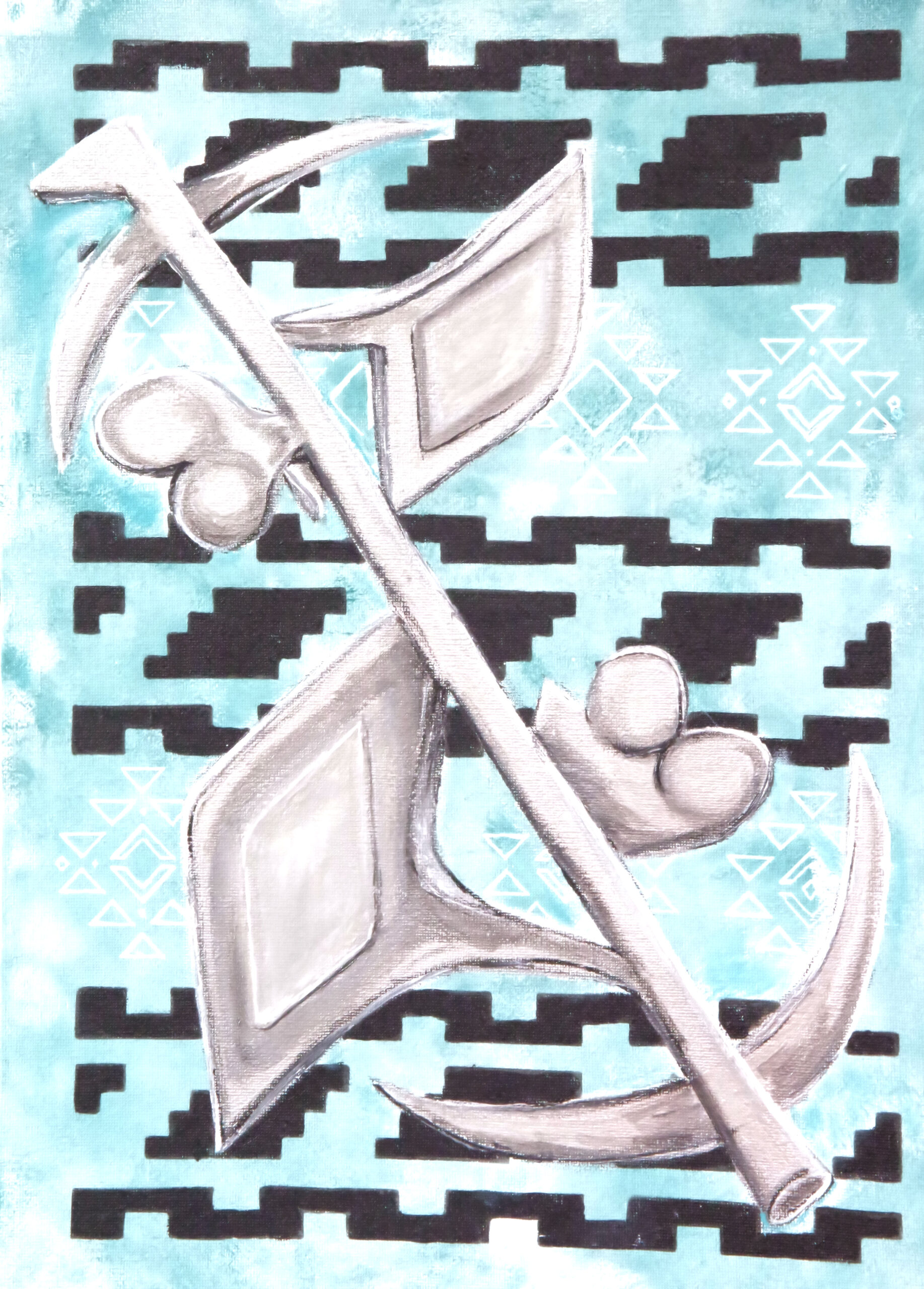 'Click Clang' from the Hue & Heritage Collection – a bold mixed-media piece featuring metallic silver tools over a tribal-inspired background.