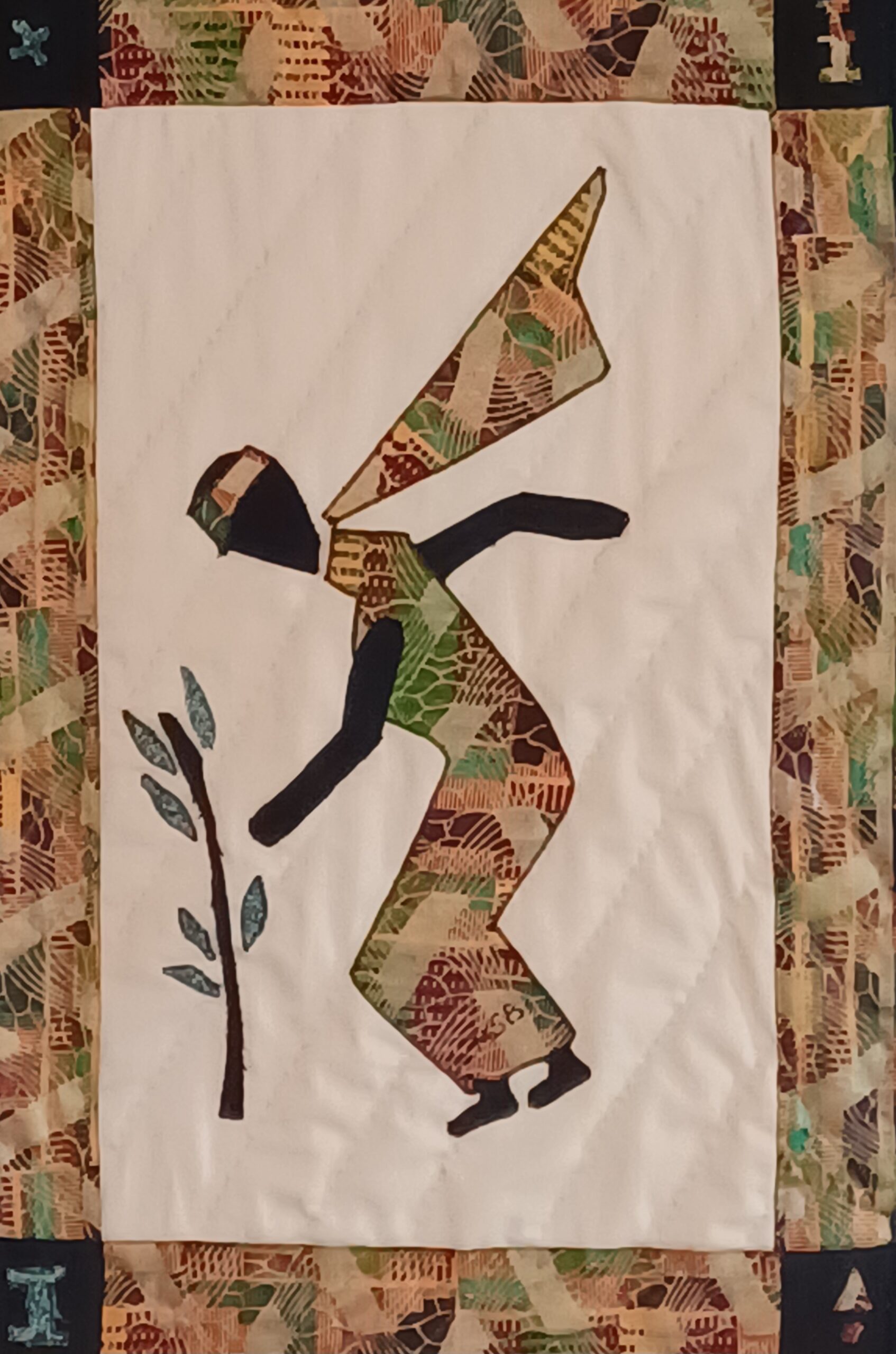 Quilted fiber art piece titled 'Charity' from the Dancing Ladies Collection, depicting a silhouette of a woman offering a branch, symbolizing generosity and kindness.