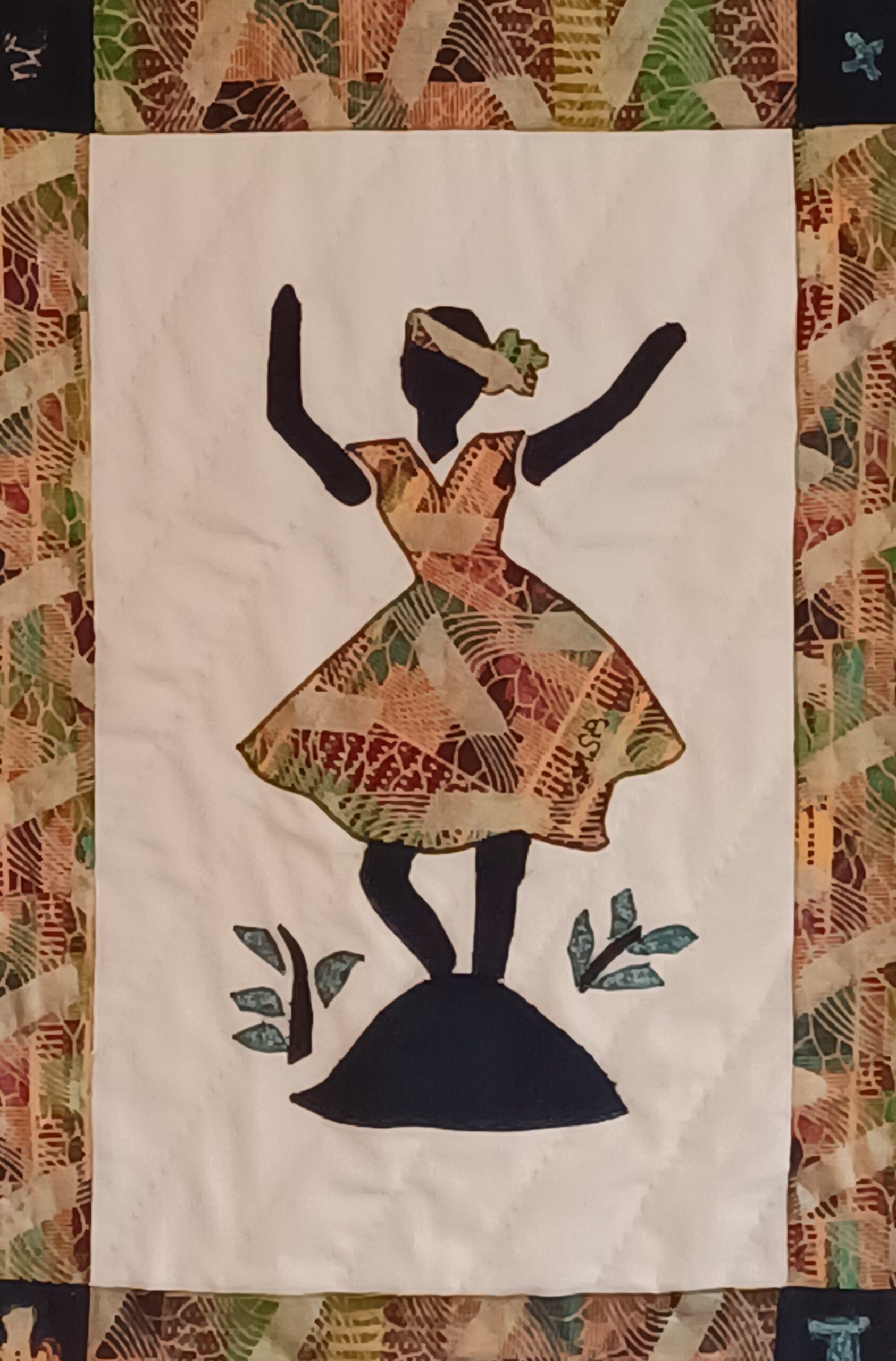 Textile artwork titled 'Happiness' from the Dancing Ladies Collection, featuring a dancing silhouette celebrating joy and cultural heritage through quilting.