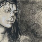 Expressive charcoal and pastel portrait of a woman with intense gaze, created by artist Alec Campbell-Barner, known for his expertise in Manga Art, Graphic Art, and Comics.