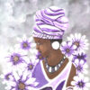 'Flowers Around' from the Hue & Heritage Collection – a stunning portrait of a Black woman surrounded by vibrant purple flowers, symbolizing beauty and strength.