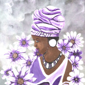 'Flowers Around' from the Hue & Heritage Collection – a stunning portrait of a Black woman surrounded by vibrant purple flowers, symbolizing beauty and strength.