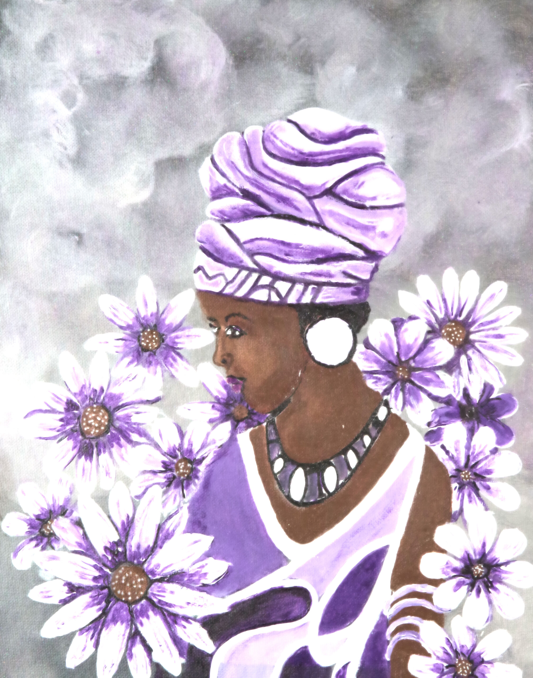 'Flowers Around' from the Hue & Heritage Collection – a stunning portrait of a Black woman surrounded by vibrant purple flowers, symbolizing beauty and strength.