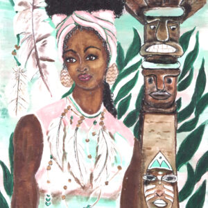 Abstract painting 'Four Reflicks' from the Hue & Heritage Collection, showcasing four geometric figures set against a cultural backdrop of muted tones and tribal patterns.