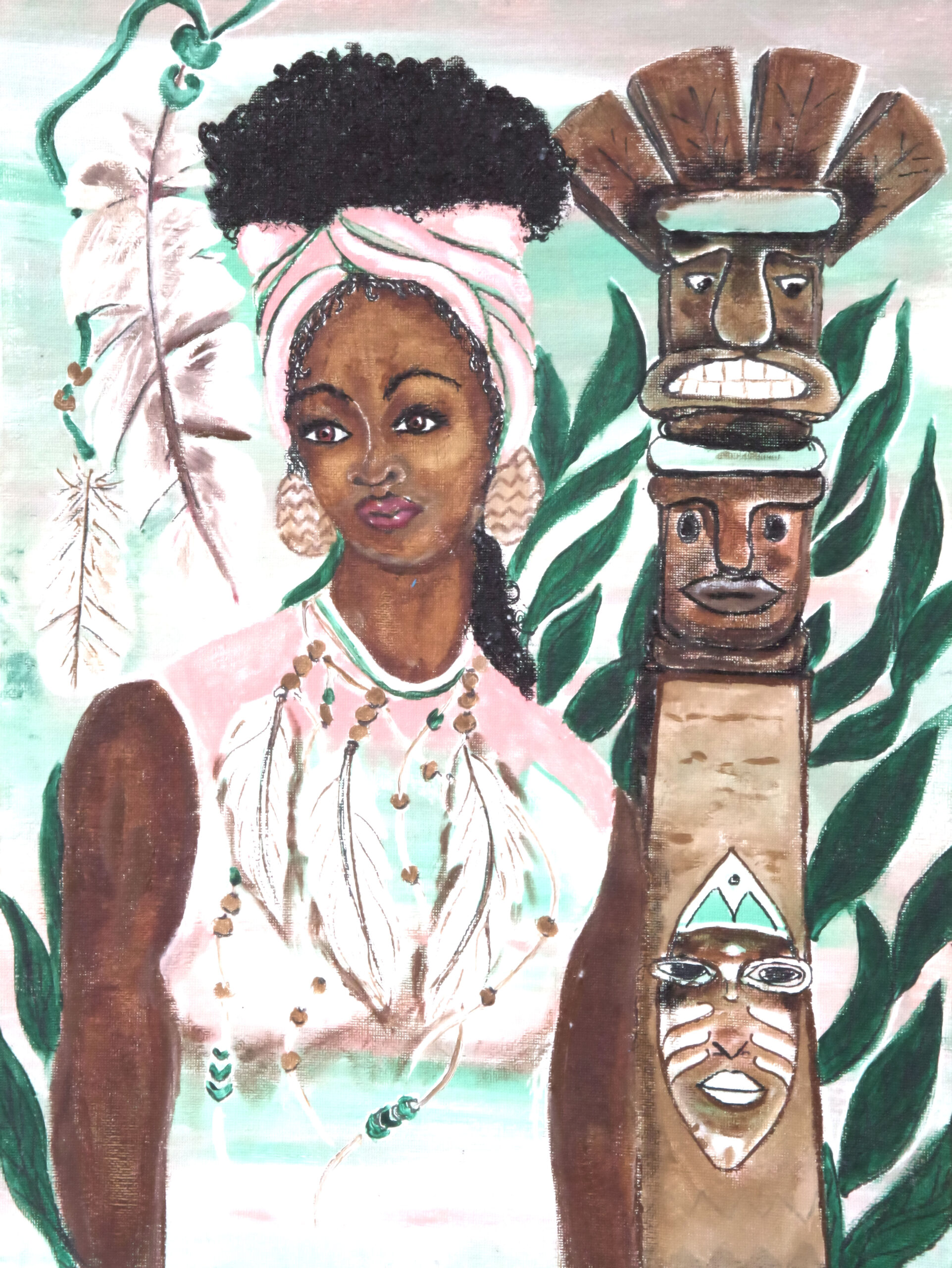 Abstract painting 'Four Reflicks' from the Hue & Heritage Collection, showcasing four geometric figures set against a cultural backdrop of muted tones and tribal patterns.