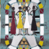 'Four Standing' from the Hue & Heritage Collection – an abstract cultural painting depicting four women in traditional attire against a backdrop of symbolic patterns.