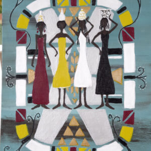 'Four Standing' from the Hue & Heritage Collection – an abstract cultural painting depicting four women in traditional attire against a backdrop of symbolic patterns.