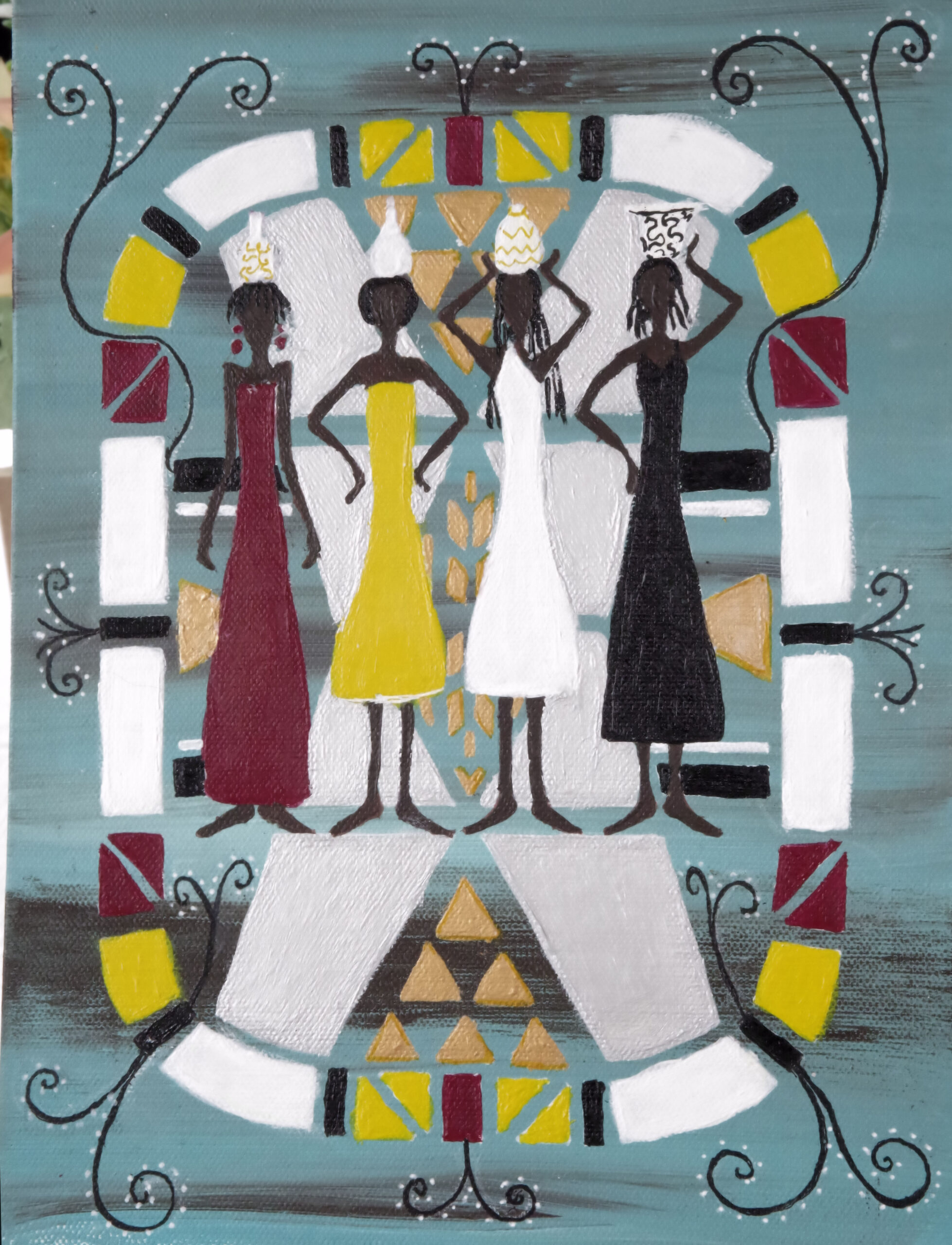 'Four Standing' from the Hue & Heritage Collection – an abstract cultural painting depicting four women in traditional attire against a backdrop of symbolic patterns.