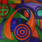 Vibrant acrylic abstract painting by artist Linda Dumas Wade, featuring bold geometric shapes, dynamic movement, and rich, contrasting colors.