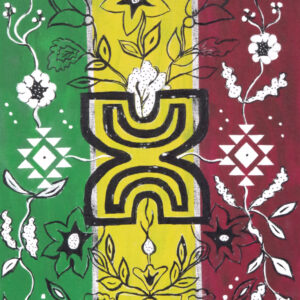 'Middle Caught' from the Hue & Heritage Collection – a symbolic portrait featuring a Black woman in a regal headdress, surrounded by spiritual and celestial elements.