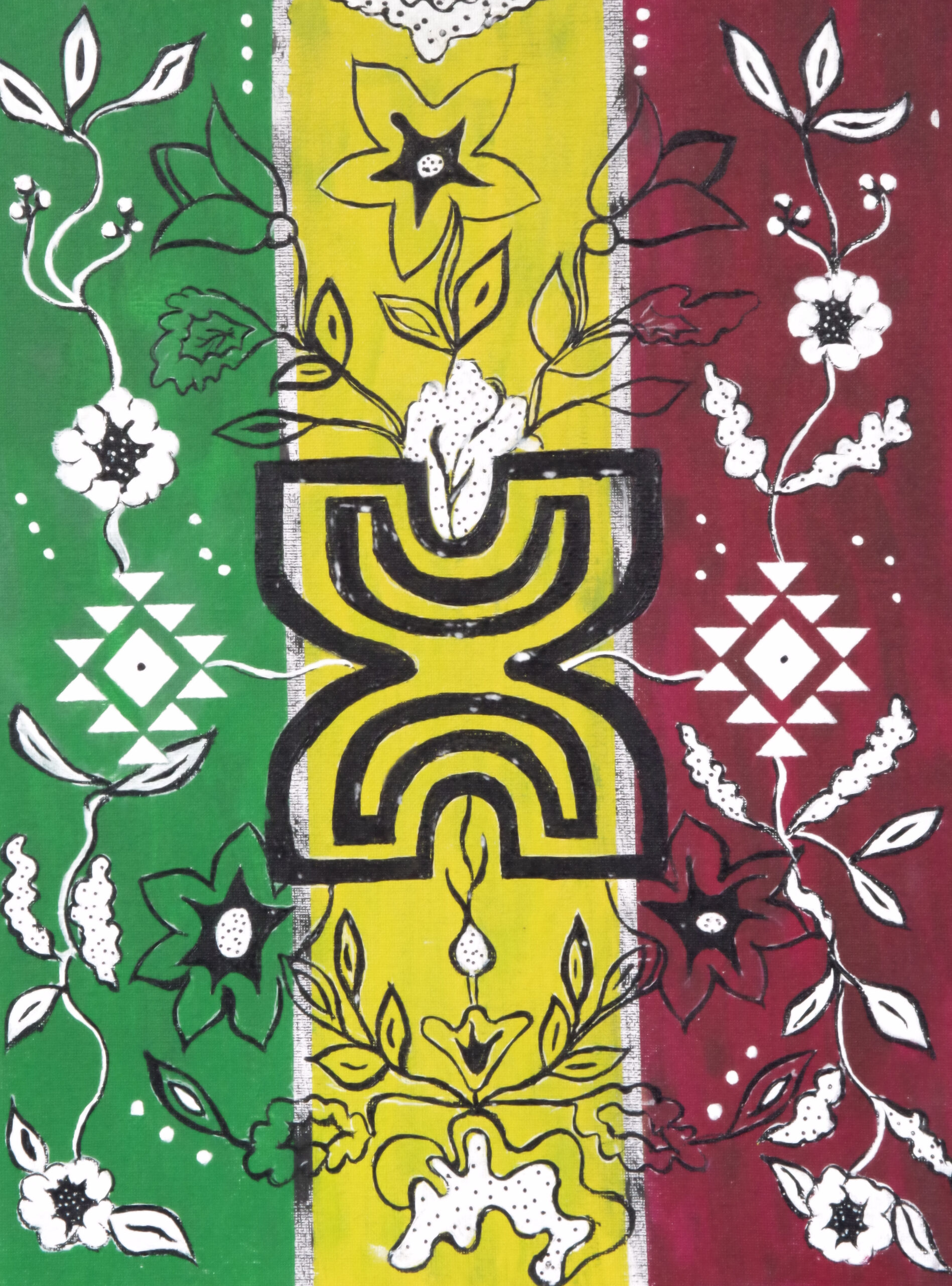 'Middle Caught' from the Hue & Heritage Collection – a symbolic portrait featuring a Black woman in a regal headdress, surrounded by spiritual and celestial elements.