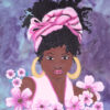 African American woman with deep brown skin, voluminous natural curls, and a pink headwrap, surrounded by blooming pink flowers against a dreamy purple background.