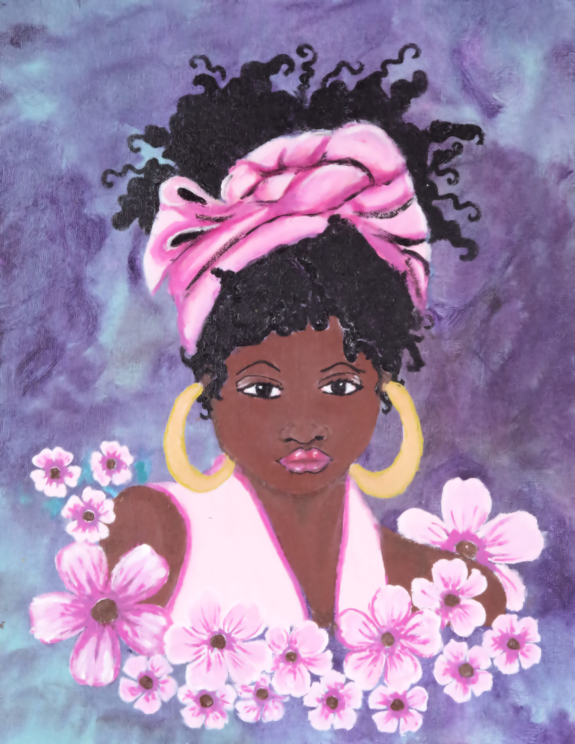 African American woman with deep brown skin, voluminous natural curls, and a pink headwrap, surrounded by blooming pink flowers against a dreamy purple background.