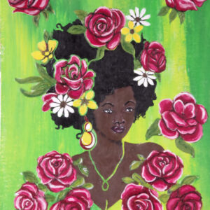 'Roses Around' from the Hue & Heritage Collection – a stunning portrait of a Black woman adorned with red roses, symbolizing beauty, femininity, and cultural pride.
