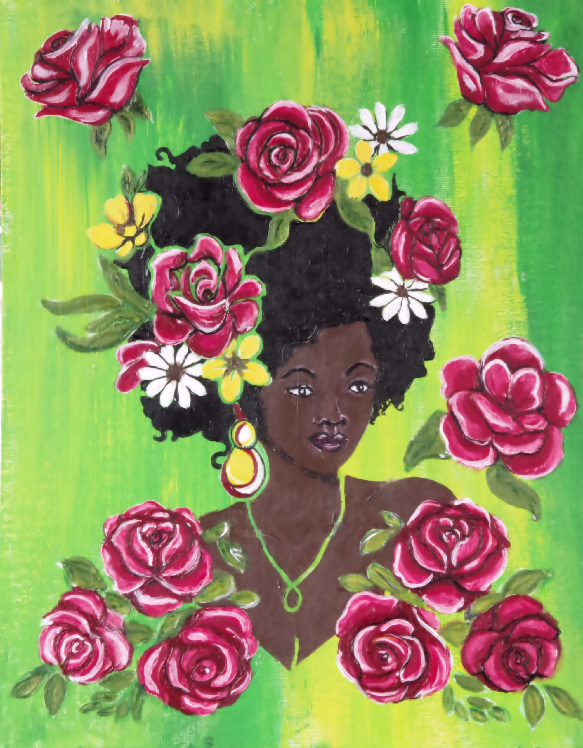 'Roses Around' from the Hue & Heritage Collection – a stunning portrait of a Black woman adorned with red roses, symbolizing beauty, femininity, and cultural pride.