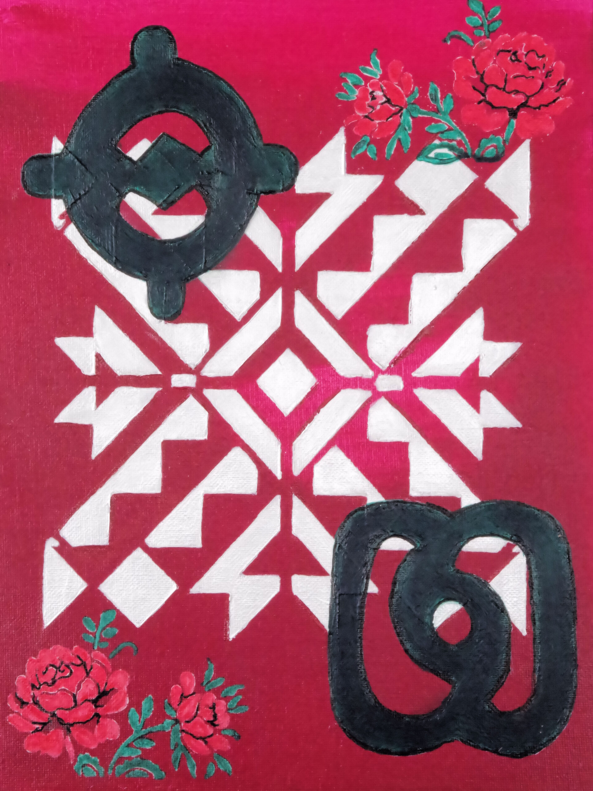 'Roses Opposite' from the Hue & Heritage Collection – a symbolic composition featuring Adinkra symbols, geometric designs, and delicate floral accents.