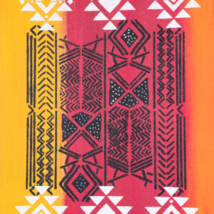 'Three Up-Down' from the Hue & Heritage Collection – a bold tribal-inspired artwork featuring intricate black patterns over a warm sunset gradient.