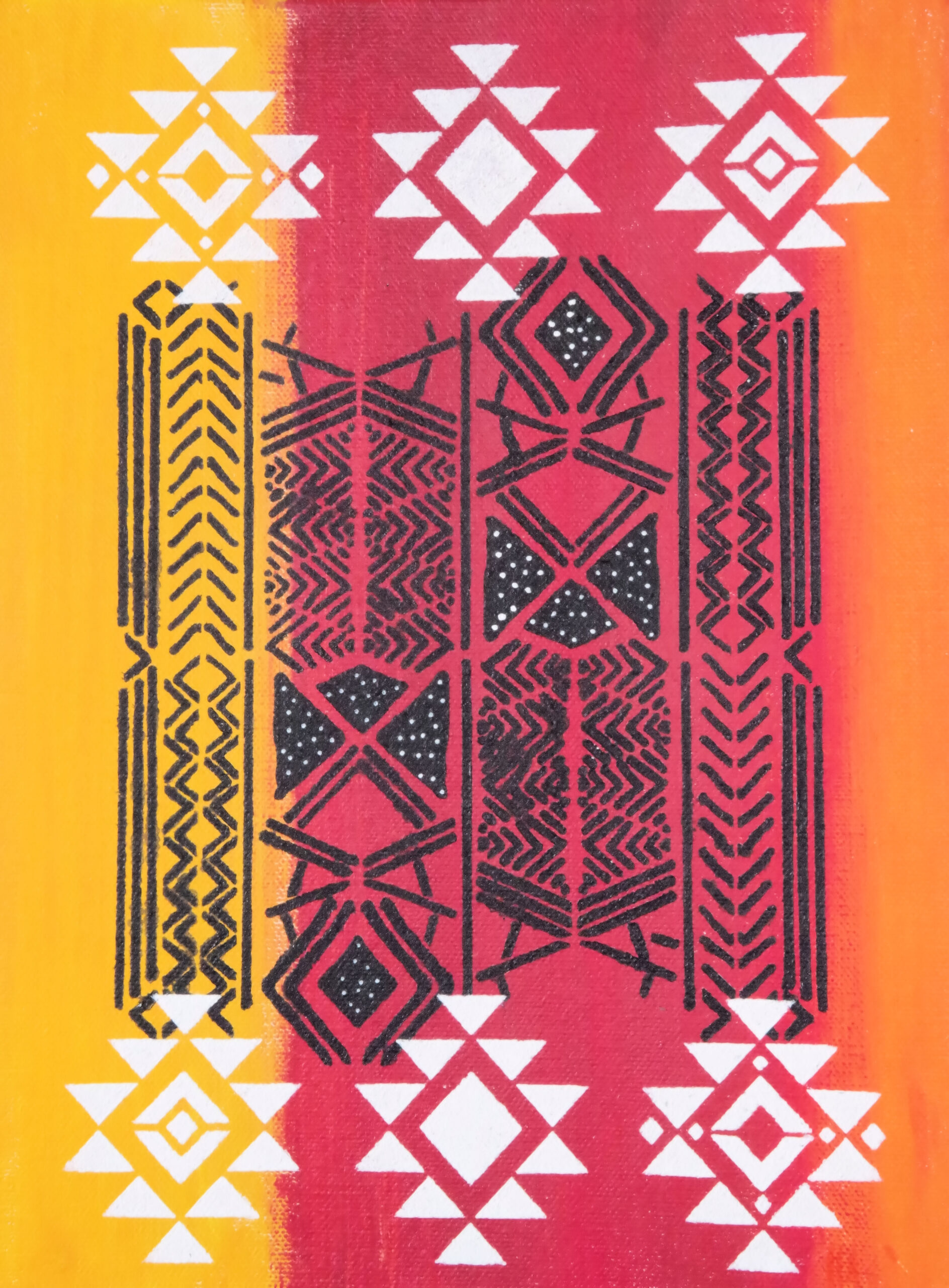 'Three Up-Down' from the Hue & Heritage Collection – a bold tribal-inspired artwork featuring intricate black patterns over a warm sunset gradient.