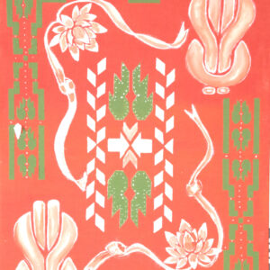 'Two Of-Em' from the Hue & Heritage Collection – a cultural artwork with symbolic green and red floral patterns layered over a bold geometric base.