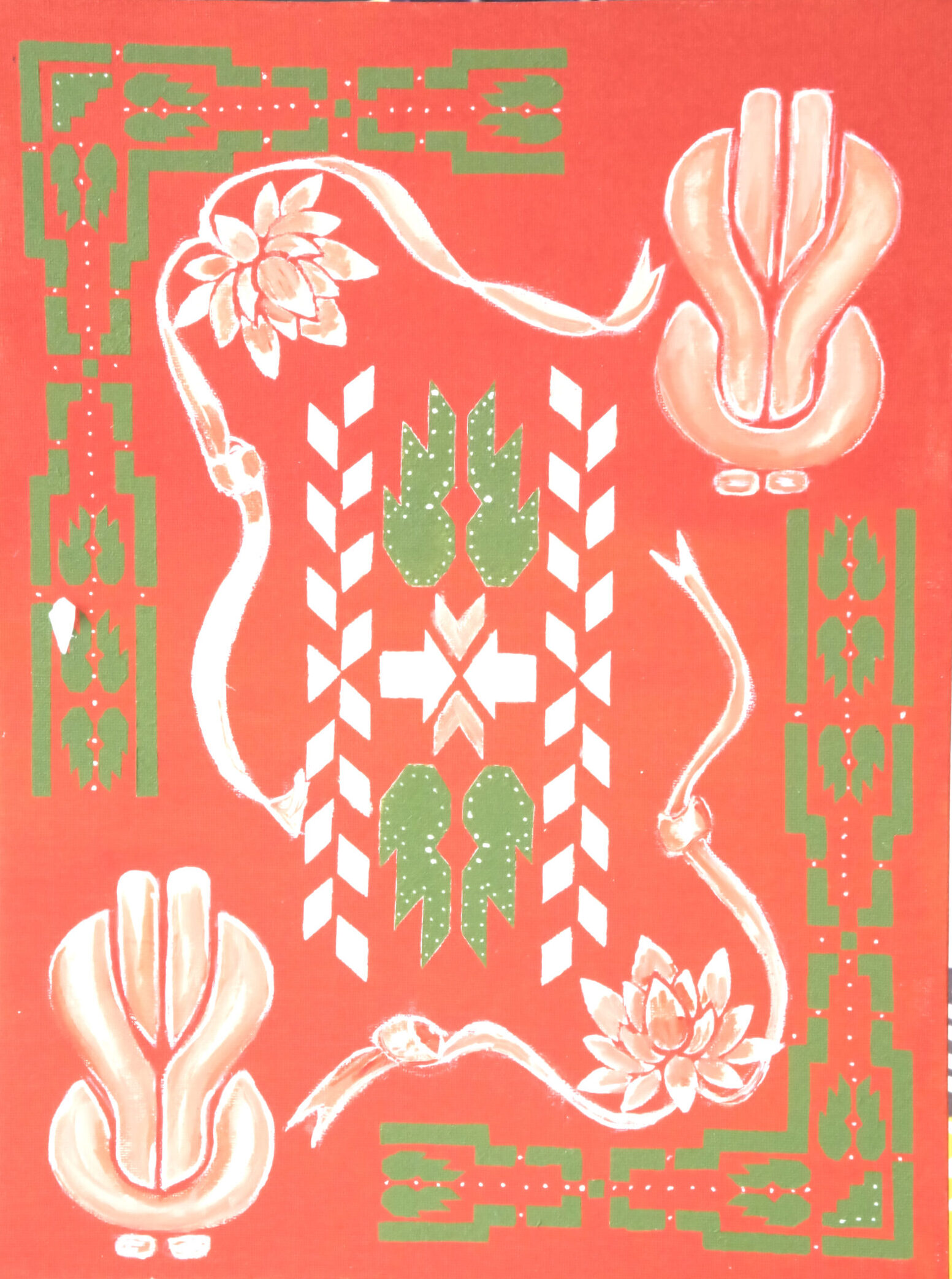 'Two Of-Em' from the Hue & Heritage Collection – a cultural artwork with symbolic green and red floral patterns layered over a bold geometric base.