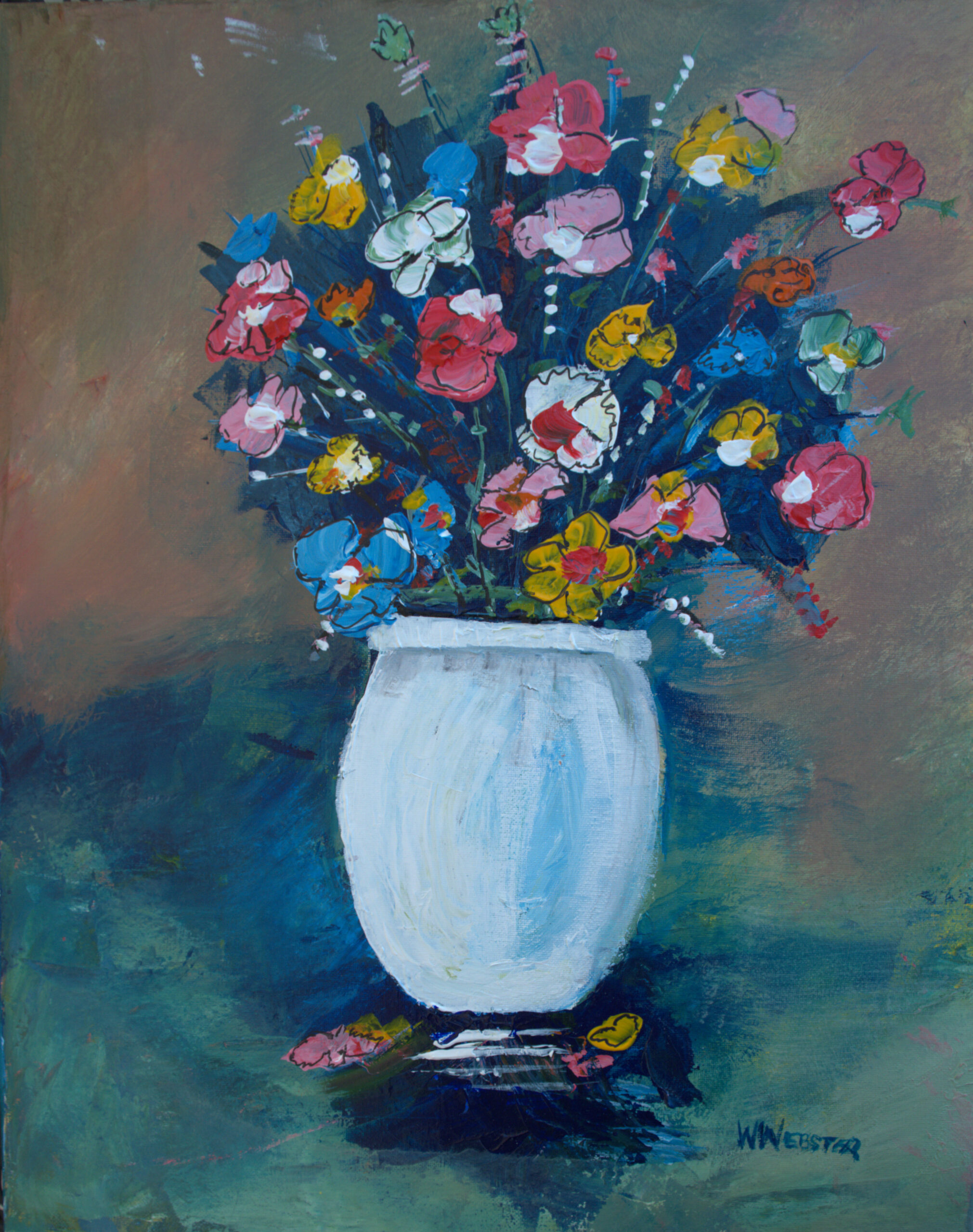A textured painting of a white vase overflowing with colorful flowers, against an earthy-toned abstract background.