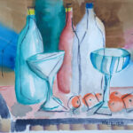 A contemporary watercolor still life featuring elegant glassware, bottles, and oranges in soft blue and pink hues.