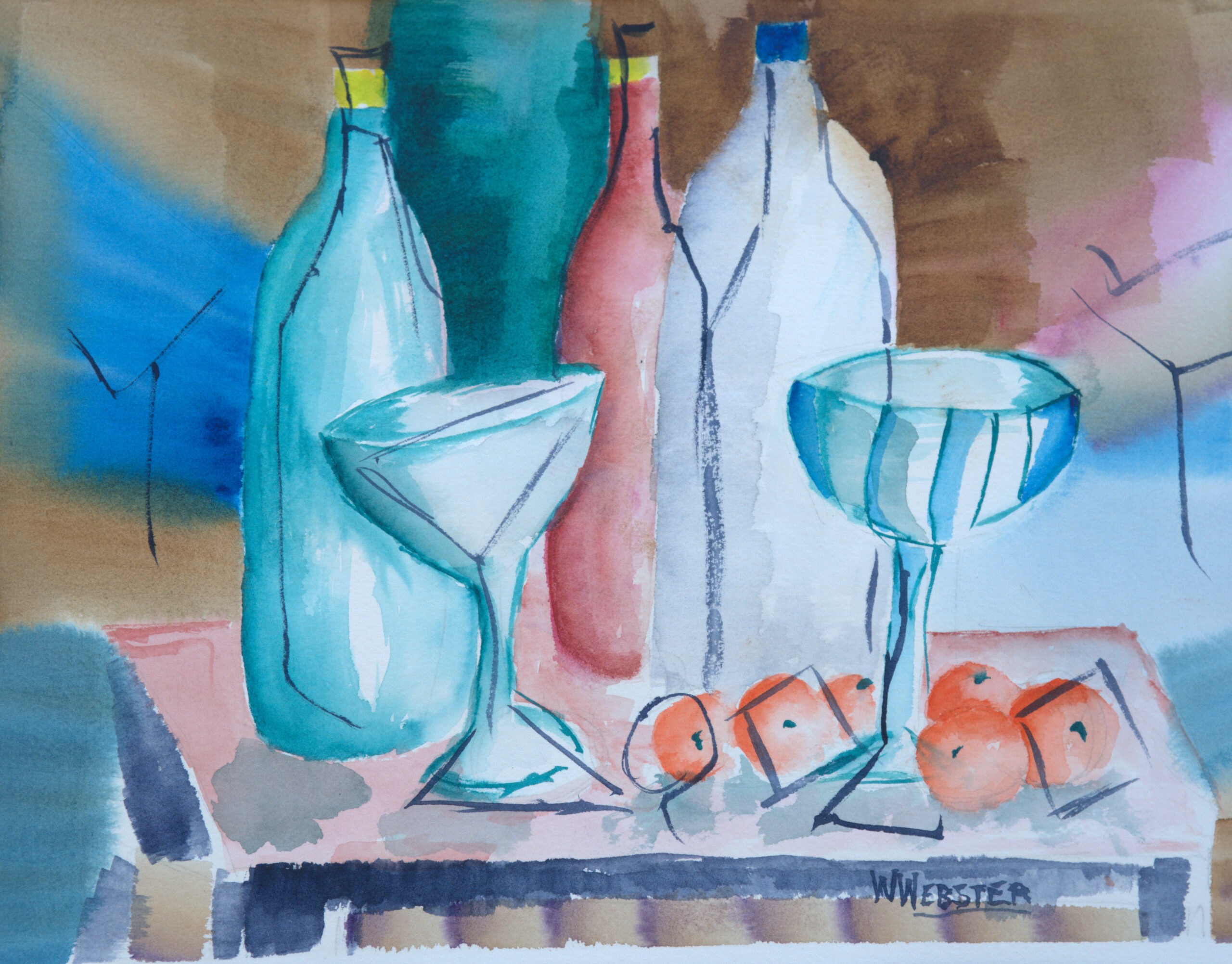 A contemporary watercolor still life featuring elegant glassware, bottles, and oranges in soft blue and pink hues.