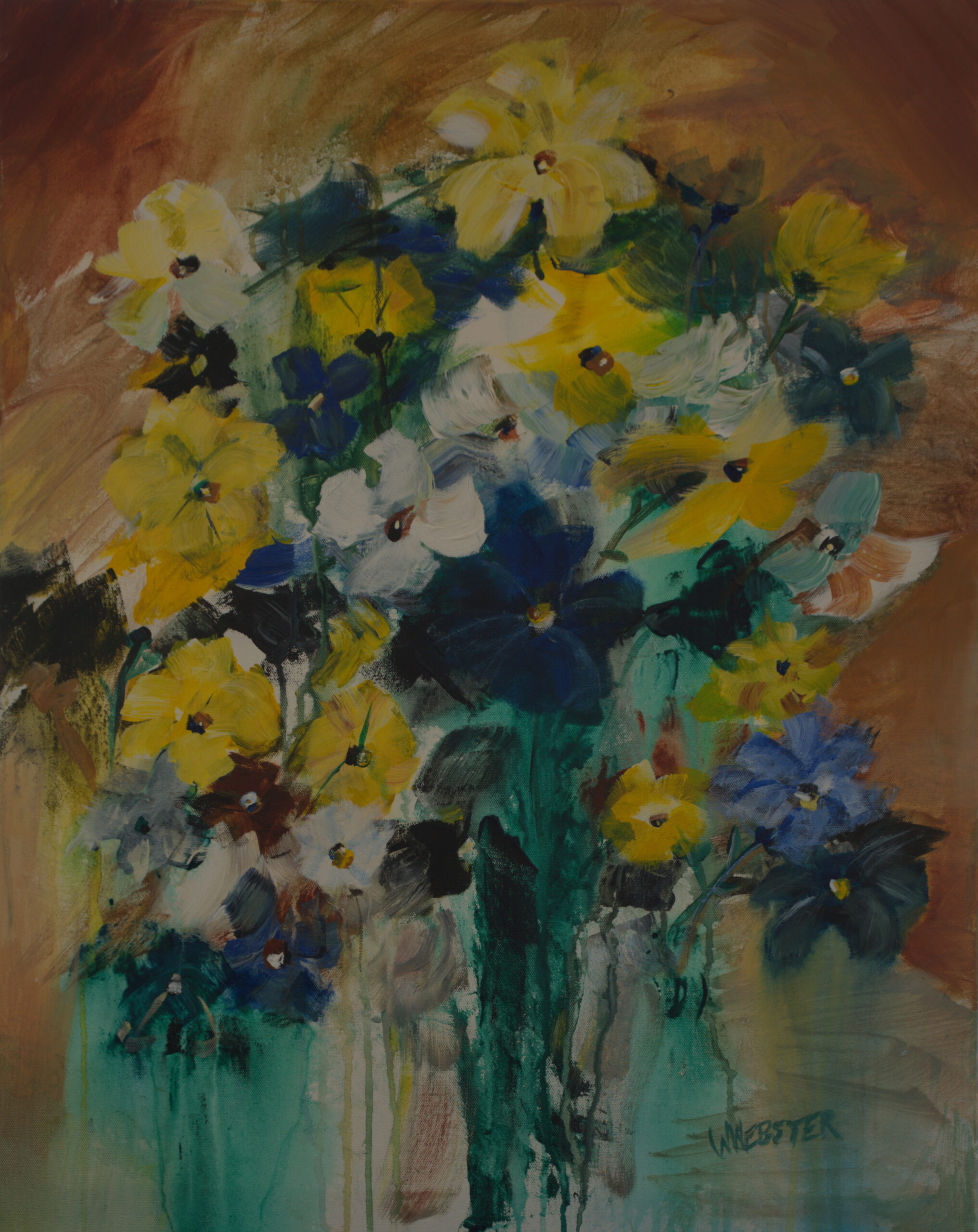 A textured acrylic painting featuring a bouquet of blue, yellow, and white flowers in a teal vase against a warm-toned background.