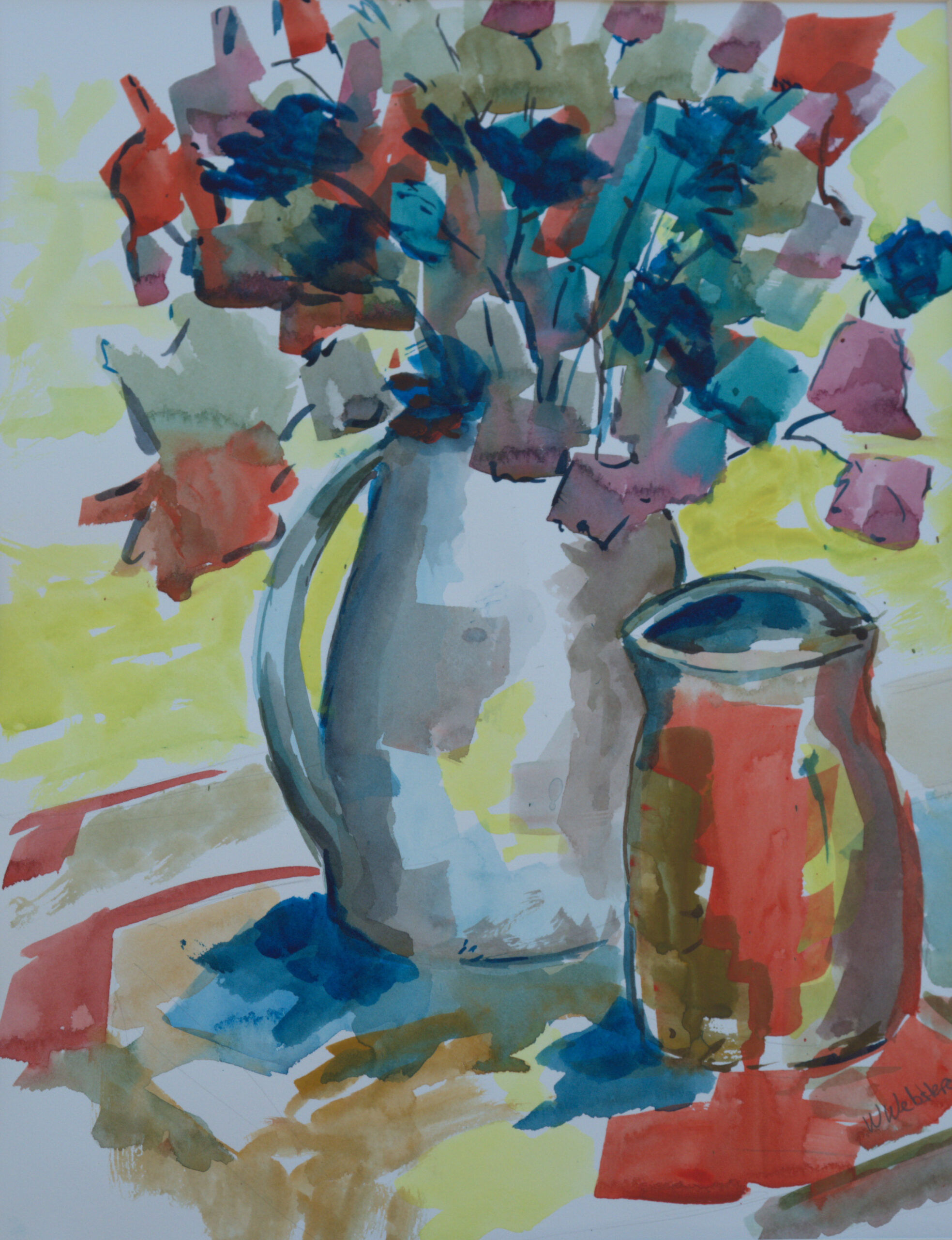 Vibrant watercolor painting of a bouquet of multicolored flowers in a white ceramic jug with a smaller clay vase beside it.