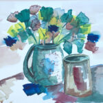 A loose, impressionistic watercolor painting of a green ceramic jug filled with vibrant, colorful flowers.