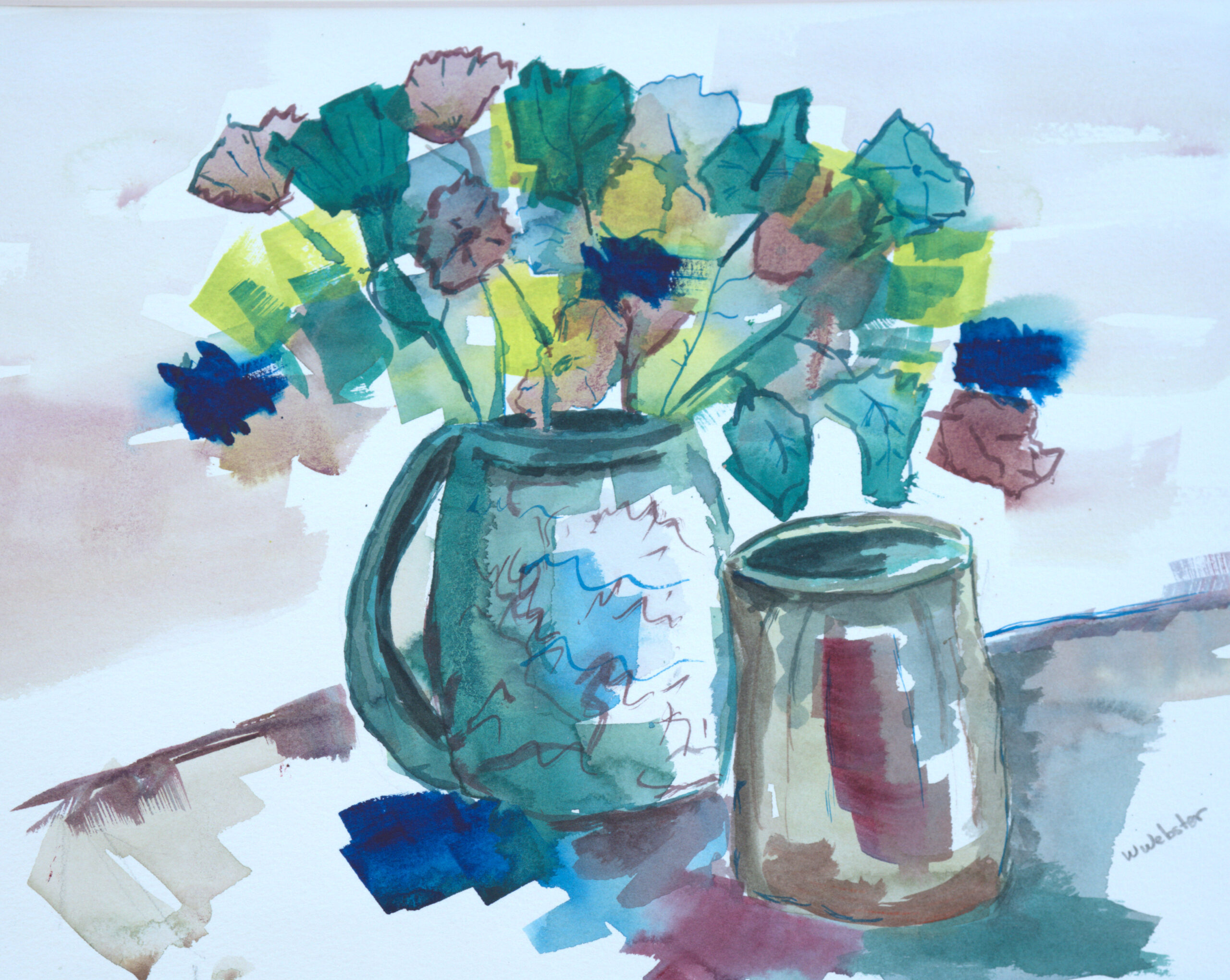 A loose, impressionistic watercolor painting of a green ceramic jug filled with vibrant, colorful flowers.