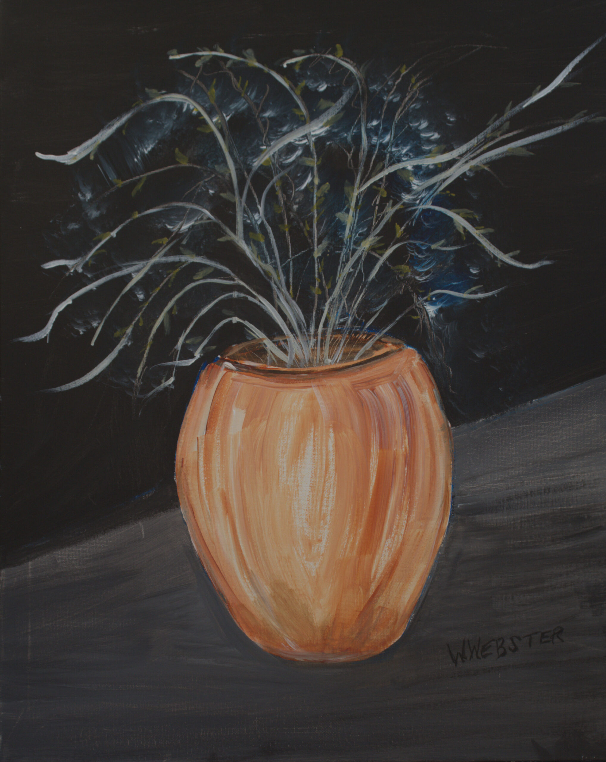 A rustic orange ceramic vase with thin, silvery stems against a dramatic dark background.