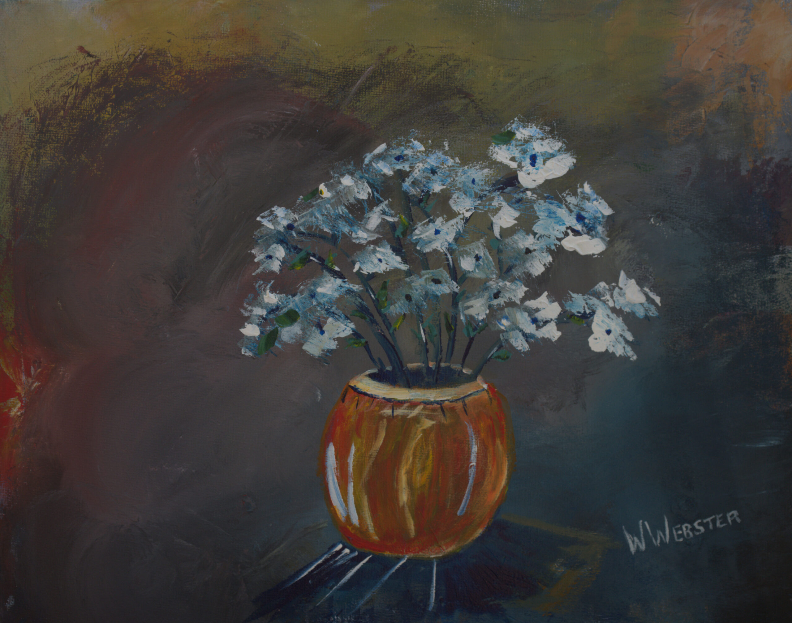 An expressive painting of a golden-orange ceramic vase with delicate white flowers on dark, textured background.