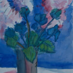 A delicate, moody watercolor painting of green stems and blossoms reaching upward from a tall vase.