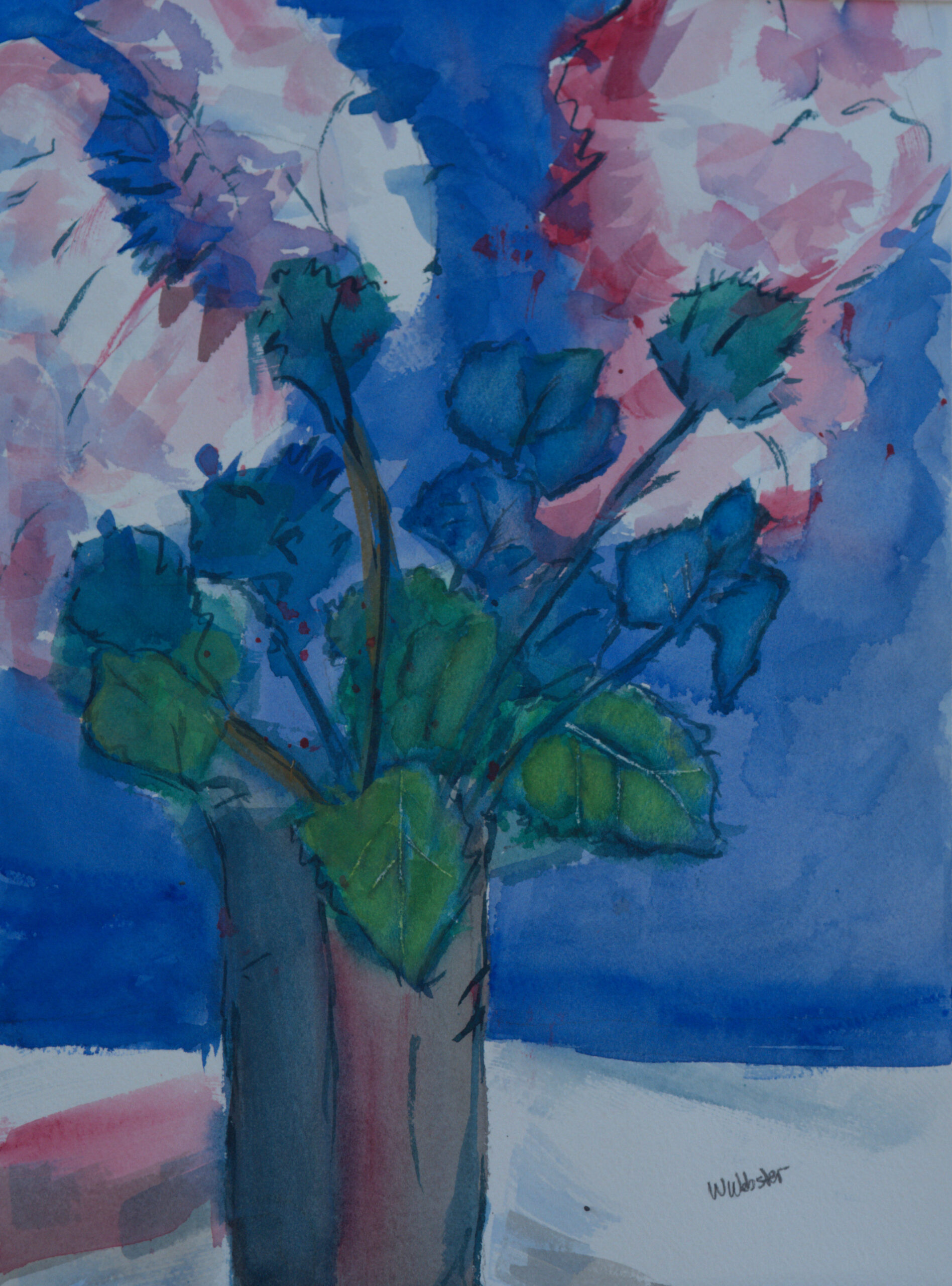 A delicate, moody watercolor painting of green stems and blossoms reaching upward from a tall vase.