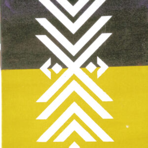 'Which Way' from the Hue & Heritage Collection – a contemporary tribal painting featuring sharp white geometric patterns against a bold yellow and black split background.
