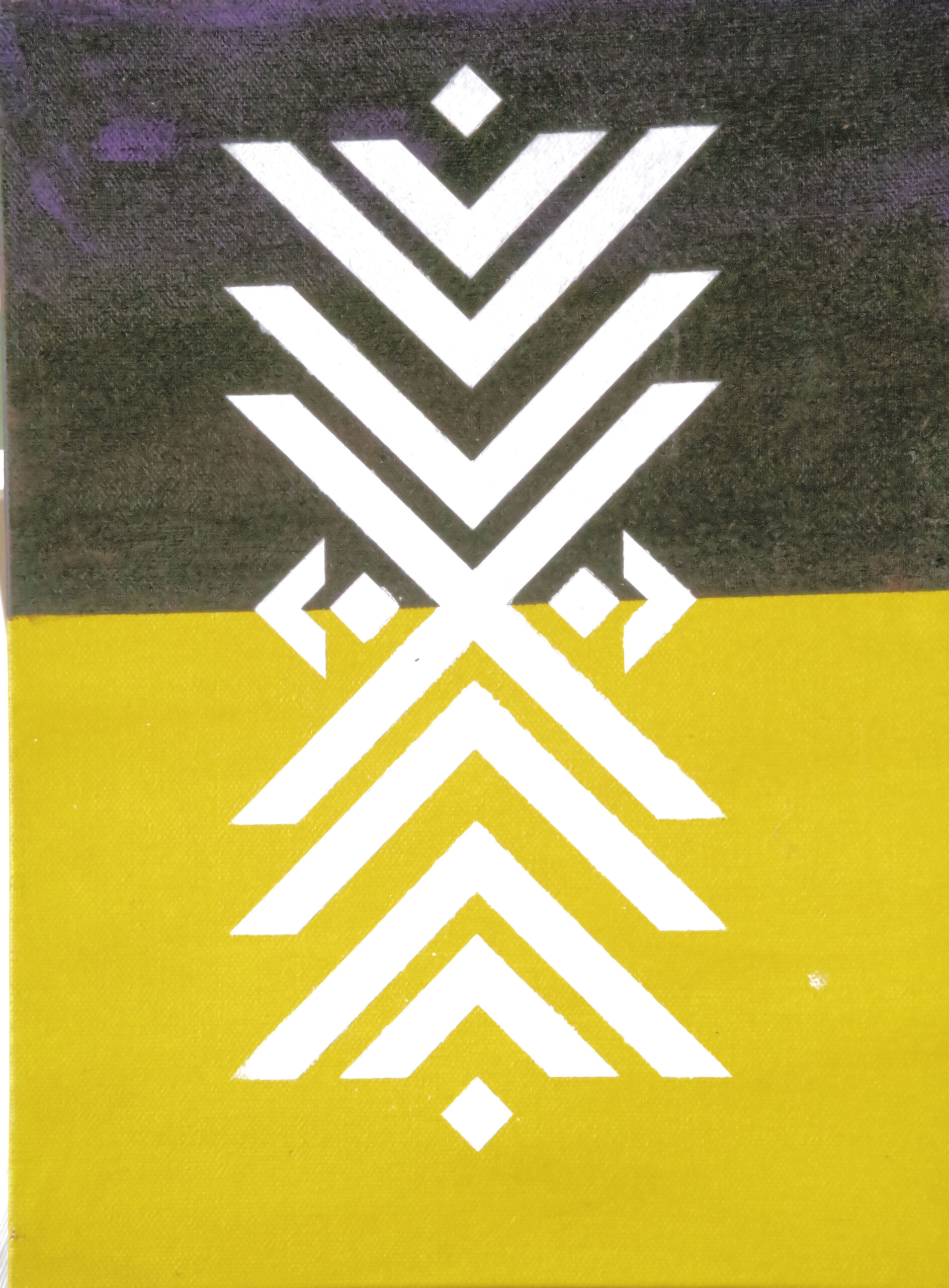 'Which Way' from the Hue & Heritage Collection – a contemporary tribal painting featuring sharp white geometric patterns against a bold yellow and black split background.