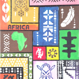 'Africa’s Many' from the Hue & Heritage Collection – a vibrant mixed-media artwork celebrating African heritage, cultural patterns, and diverse artistic influences.
