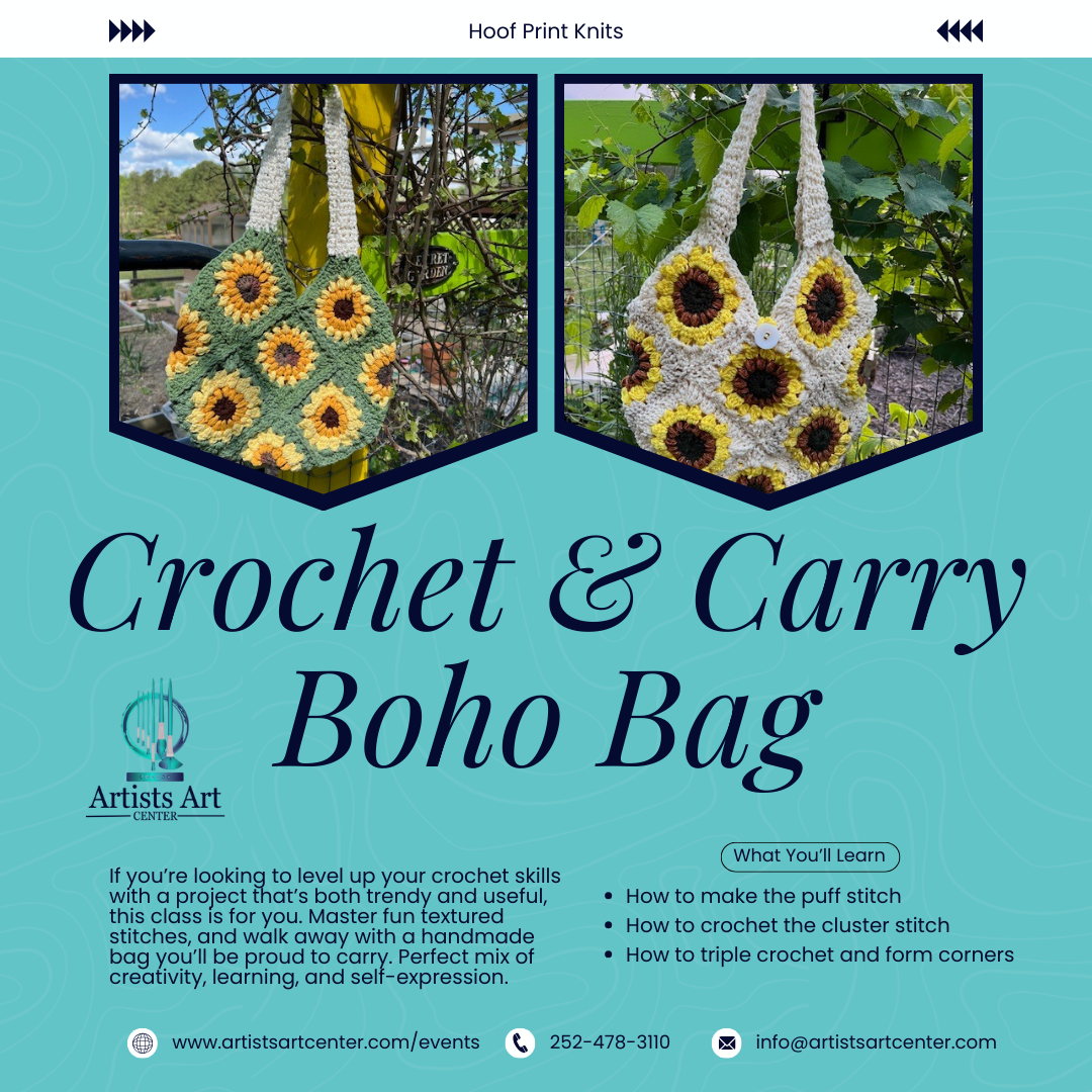 Crochet & Carry: Boho Bloom Bag - crochet class at Artists Art Center, featuring a handmade bohemian-style crochet bag with floral details, offered by Hoof Print Knits.