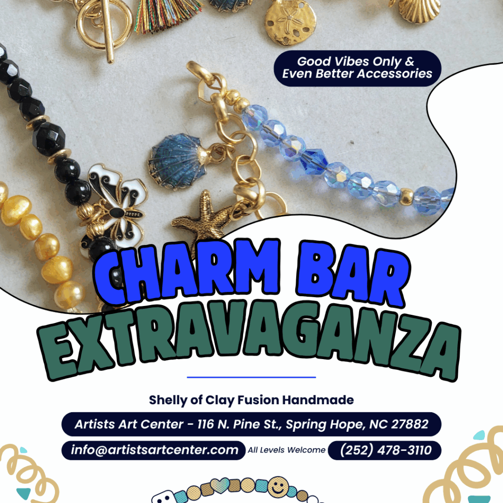 Promotional flyer for "Charm Bar Extravaganza" by Shelly of Clay Fusion Handmade, showing various jewelry with charms and event details.