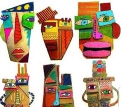 Six unique and colorful 3D cardboard faces inspired by Picasso's cubist style, each with abstract features and bold colors.