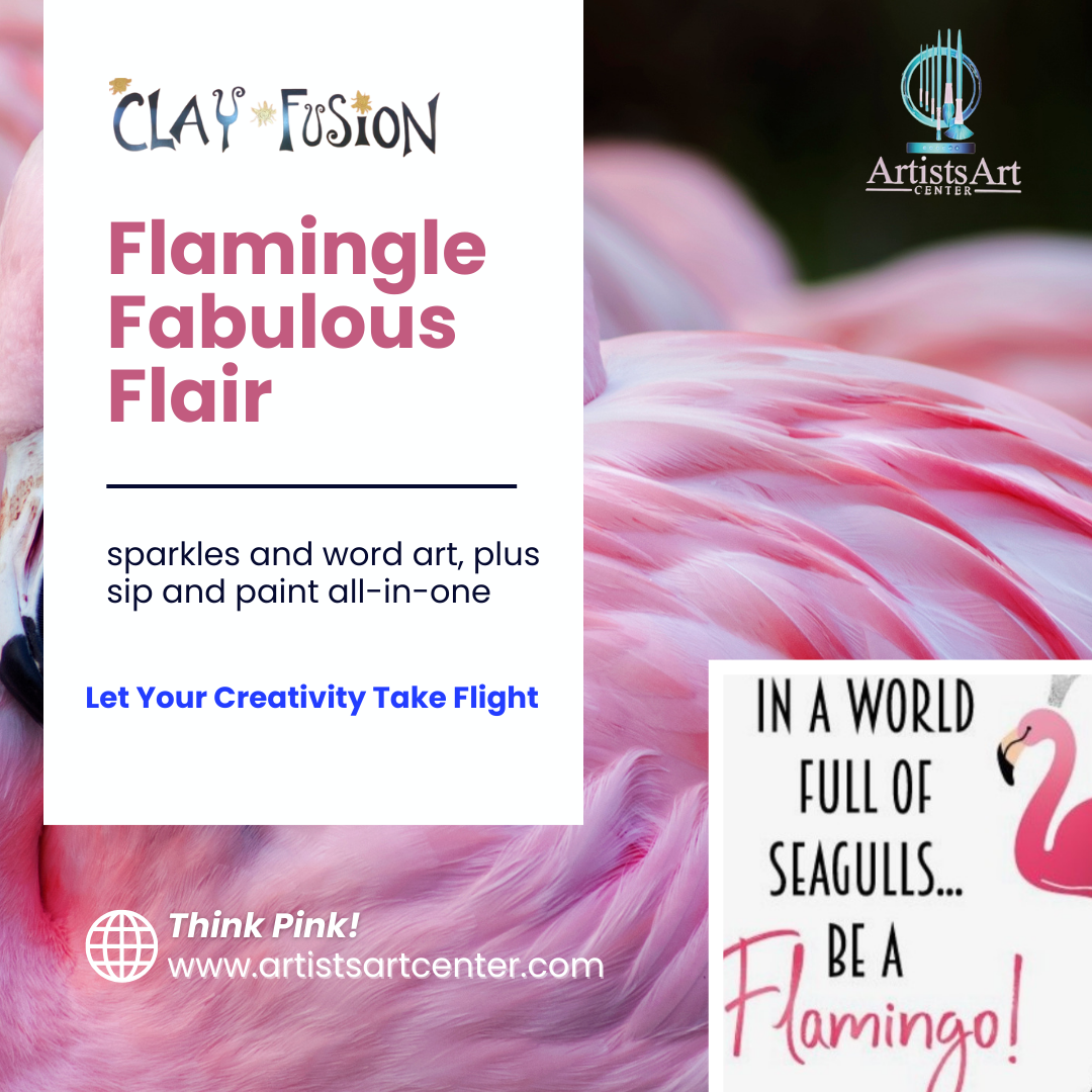 a promotional thumbnail for the Artists Art Center's "Flamingle Fabulous Flair" event, showing flamingos and details about the class.