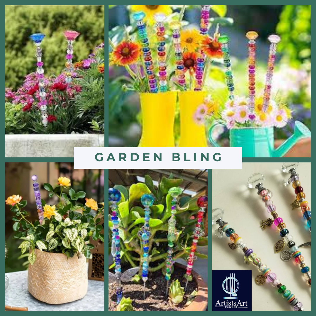 Collage of five images showcasing various colorful beaded garden stakes with decorative tops and charms, in different garden settings.
