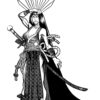 Comic-inspired black-and-white drawing of a warrior woman with a crown of radiant spikes and two swords.