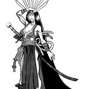Comic-inspired black-and-white drawing of a warrior woman with a crown of radiant spikes and two swords.